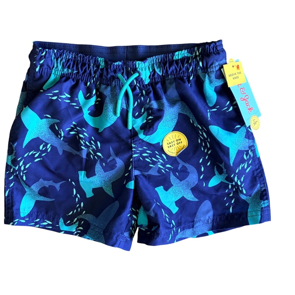 Cat & Jack Navy Blue Shark Above Knee UPF50+ Swim Trunks Shorts Small 6-7 NEW